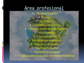 Área profesional
 *Química Orgánica
 Ecología
 *Bioquímica
 Laboratorio de Química
 *Química Analítica Instrumental
 *Fisicoquímica
 *Termodinámica
 Microbiología Ambiental
 *Mecánica de Fluidos
 *Química Ambiental
 *Operaciones Unitarias
 * Legislación e Evaluación de Impacto Ambiental
 