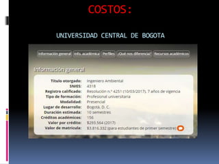 COSTOS:
UNIVERSIDAD CENTRAL DE BOGOTA
 