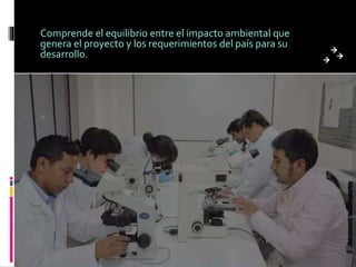Comprende el equilibrio entre el impacto ambiental que
genera el proyecto y los requerimientos del país para su
desarrollo.
 