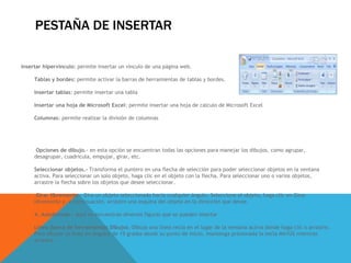 PESTAÑA DE INSERTAR
Insertar hipervínculo: permite insertar un vinculo de una página web.
Tablas y bordes: permite activar la barras de herramientas de tablas y bordes.
Insertar tablas: permite insertar una tabla
Insertar una hoja de Microsoft Excel: permite insertar una hoja de calculo de Microsoft Excel
Columnas: permite realizar la división de columnas
Opciones de dibujo.- en esta opción se encuentran todas las opciones para manejar los dibujos, como agrupar,
desagrupar, cuadricula, empujar, girar, etc.
Seleccionar objetos.- Transforma el puntero en una flecha de selección para poder seleccionar objetos en la ventana
activa. Para seleccionar un solo objeto, haga clic en el objeto con la flecha. Para seleccionar uno o varios objetos,
arrastre la flecha sobre los objetos que desee seleccionar.
Girar libremente.- Gira un objeto seleccionado hacia cualquier ángulo. Seleccione el objeto, haga clic en Girar
libremente y, a continuación, arrastre una esquina del objeto en la dirección que desee.
4. Autoformas.- Aquí se encuentran diversos figuras que se pueden insertar
Línea (barra de herramientas Dibujo).-Dibuja una línea recta en el lugar de la ventana activa donde haga clic o arrastre.
Para dibujar la línea en ángulos de 15 grados desde su punto de inicio, mantenga presionada la tecla MAYÚS mientras
arrastra.
 