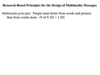 Research-Based Principles for the Design of Multimedia Messages Multimedia principle:   People learn better from words and pictures than from words alone.  (9 of 9; ES = 1.50) 