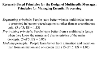 Segmenting principle:  People learn better when a multimedia lesson is presented in learner-paced segments rather than as a continuous unit.  (3 of 3; ES = 1.13) Pre-training principle : People learn better from a multimedia lesson when they know the names and characteristics of the main concepts. (5 of 5; ES = 0.85) Modality principle:   People learn better from animation and narration than from animation and on-screen text. (15 of 15; ES = 1.02) Research-Based Principles for the Design of Multimedia Messages: Principles for Managing Essential Processing 