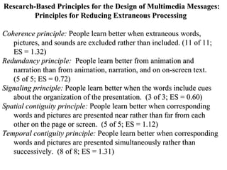 Research-Based Principles for the Design of Multimedia Messages: Principles for Reducing Extraneous Processing   Coherence principle:  People learn better when extraneous words, pictures, and sounds are excluded rather than included. (11 of 11; ES = 1.32)   Redundancy principle:   People learn better from animation and narration than from animation, narration, and on on-screen text. (5 of 5; ES = 0.72) Signaling principle:  People learn better when the words include cues about the organization of the presentation.  (3 of 3; ES = 0.60) Spatial contiguity principle:  People learn better when corresponding words and pictures are presented near rather than far from each other on the page or screen.  (5 of 5; ES = 1.12) Temporal contiguity principle:  People learn better when corresponding words and pictures are presented simultaneously rather than successively.  (8 of 8; ES = 1.31) 