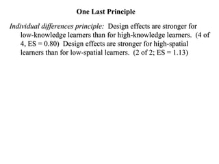 One Last Principle Individual differences principle:   Design effects are stronger for low-knowledge learners than for high-knowledge learners.  (4 of 4, ES = 0.80)  Design effects are stronger for high-spatial learners than for low-spatial learners.  (2 of 2; ES = 1.13) 
