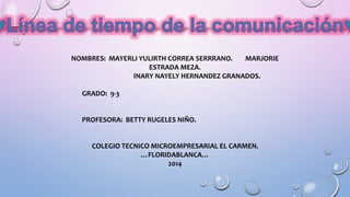 NOMBRES: MAYERLI YULIRTH CORREA SERRRANO. MARJORIE
ESTRADA MEZA.
INARY NAYELY HERNANDEZ GRANADOS.
GRADO: 9-3
PROFESORA: BETTY RUGELES NIÑO.
COLEGIO TECNICO MICROEMPRESARIAL EL CARMEN.
…FLORIDABLANCA…
2014
 
