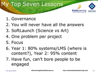 1223 June 2014 marc.niemes@pulselearning.commbrowning@mayfield.edu.au
My Top Seven Lessons
1. Governance
2. You will never have all the answers
3. SoftLaunch (Science vs Art)
4. One problem per project
5. Focus
6. Year 1: 80% systems/LMS (where is
content?), Year 2: 95% content
7. Have fun, can’t bore people to be
engaged
 