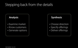 Simplified view of Innovation
Stepping back from the details

Analysis
• Examine market
• Know customers
• Generate options

Matt Mayfield . Dec 2013

Synthesis
• Choose direction
• Specify oﬀerings
• Deliver oﬀerings

 