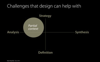 Challenges that design can help with
Strategy
Partial
context
Analysis

Synthesis

Definition
Matt Mayfield . Dec 2013

 