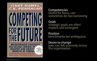 Competencies
Useful for focus, can
sometimes be too narrowing
Goals
strategic goals are often
implicit and emergent
Position
benchmarks are ambiguous
Desire to change
pain can felt unevenly across
the organization

Matt Mayfield . Dec 2013

 