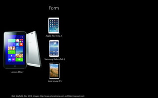 Form

Apple iPad mini 2

Samsung Galaxy Tab 3

Lenovo Miix 2

Acer Iconia W3

Matt Mayfield ..Dec 2013 . images: http://www.phoneArena.com and http://www.att.com
Matt Mayfield Dec 2013

 