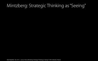 Mintzberg: Strategic Thinking as “Seeing”

Matt Mayfield . Dec 2013 . source: Henry Mintzberg “Strategic Thinking as ‘Seeing’” (1991) Helsinki, Finland

 