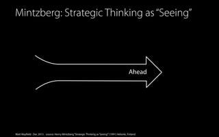Mintzberg: Strategic Thinking as “Seeing”

Ahead

Matt Mayfield . Dec 2013 . source: Henry Mintzberg “Strategic Thinking as ‘Seeing’” (1991) Helsinki, Finland

 