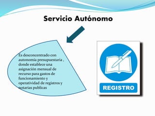 Servicio Autónomo
Es desconcentrado con
autonomía presupuestaria ,
donde establece una
asignación mensual de
recurso para gastos de
funcionamiento y
operatividad de registros y
notarias publicas
 