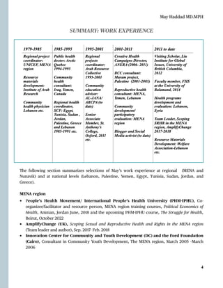 May Haddad MD.MPH
SUMMARY: WORK EXPERIENCE


The following section summarizes selections of May’s work experience at regional (MENA and
Nunavik) and at national levels (Lebanon, Palestine, Yemen, E
g
ypt, Tunisia, Sudan, Jordan, and
Greece).


MENA region


• People’s Health Movement/ International People’s Health University (PHM
-
IPHU), Co-
organizer/facilitator and resource person, MENA region training courses, Political Economics of
Health, Amman, Jordan June, 2018 and the upcoming PHM
-
IPHU course, The Struggle for Health,
Beirut, October 2022


• AmplifyChange (UK), Scoping Sexual and Reproductive Health and Rights in the MENA region
(Team leader and author), Sep. 2017- Feb. 2018


• Innovation Center for Community and Youth Development (DC) and the Ford Foundation
(Cairo), Consultant in Community Youth Development, The MENA region, March 2005 –March
2006




4
 