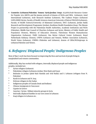 May Haddad MD.MPH
• Countries (Lebanon/Palestine/ Yemen/ Syria/Jordan/ Iraq): AL
-
JANA/Arab Resource Center
for Popular Arts ARCPA and the Janana network of dozens of NGOs and CBOs (Lebanon), Amel
International (Lebanon), Arab Research Institute (Lebanon), The Cudmos Project (Lebanon)
GOPA
-
DERD (Syria), Faculty of Health Sciences-American University of Beirut FHS/AUB (Lebanon),
Faculty of Health Sciences/University of Balamand (Lebanon), IOCC (Lebanon), Jordan Badia
Research and Development Programme (Jordan), Kurdistan Health Foundation (Iraq), The Maram
Project in partnership with the Palestinian Health Authorities, Academic institutions and NGOs
(Palestine), Middle East Council of Churches (Lebanon and Syria), Ministry of Public Health and
Population (Yemen), Ministry of Education (Yemen), Palestinian Women Humanitarian
Organization (Lebanon), PARD (Lebanon), Ras Beirut Cultural Center (Lebanon), Royal
Netherlands Embassy (Yemen), UNFPA (Lebanon and Yemen), Welfare Association (Lebanon),
World Vision (Lebanon), UNRWA (Palestine and Lebanon), dozens of CBOs/NGOs/groups in
Lebanon/Palestine and Yemen.


4. Refugees/ Displaced People/ Indigenous Peoples


Most of May’s work has been focused on improving the lives and survival of people living in
marginalized and remote communities.
Additionally, May has worked with refugees, internally displaced people and indigenous
peoples, included are:
• Syrian refugees (Lebanon)


• Palestinian refugees (Lebanon; Jordan; West Bank and Gaza)


• Bedouins in Jordan (Jabal Bani Hamida and Arid Badia) and S. Lebanon (refugees from N.
Palestine)


• Kurds in Lebanon and N. Iraq


• Eritrean refugees in the Sudan


• Indigenous peoples of Canada (Inuit and Indians)


• Chinese immigrants in Vancouver


• Gypsies in Greece


• Assyrian / Syrian / Kildani minority groups in Syria


• Internally displaced families in war torn zones in Lebanon


• Iraqi refugees in Lebanon etc.




8
 