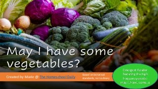 May I have some
vegetables?
Created by Marie @ The Homeschool Daily
Emergent Reader
featuring the high
frequency words:
may, I, have, some, a
Based on botanical
standards, not culinary
 