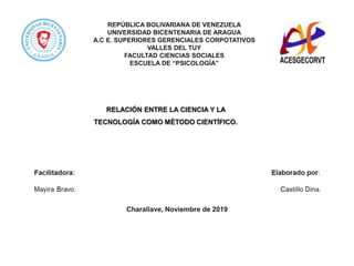 REPÚBLICA BOLIVARIANA DE VENEZUELA
UNIVERSIDAD BICENTENARIA DE ARAGUA
A.C E. SUPERIORES GERENCIALES CORPOTATIVOS
VALLES DEL TUY
FACULTAD CIENCIAS SOCIALES
ESCUELA DE “PSICOLOGÍA”
Charallave, Noviembre de 2019
RELACIÓN ENTRE LA CIENCIA Y LA
TECNOLOGÍA COMO MÉTODO CIENTÍFICO.
 