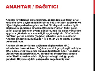 ANAHTAR / DAĞITICI
Anahtar (Switch) ağ sistemlerinde, ağ içindeki aygıtların ortak
kullanım veya paylaşım için birbirine bağlanmasını sağlayan ve
diğer bilgisayarlardan gelen verileri filtreleyerek sadece ilgili
bilgisayara gönderen cihazdır. Klasik hub’lardan farkı; gelen
veriyi sadece istenilen aygıta gönderir, hub ise gelen veriyi tüm
aygıtlara gönderir ve sadece ilgili aygıt veriyi alır. Günümüzde
hub’ların yerine anahtar (dağıtıcı) cihazları kullanılmaktadır.
Anahtar cihazının günümüzde 4-5-8-16-24-26-48 portlu olanları
bulunmaktadır.
Anahtar cihazı portlarına bağlanan bilgisayarları MAC
adreslerine bakarak tanır. Dağıtım işlemini gerçekleştirmek için
MAC adreslerini yapısında bulunan tablolarda tutar. Kendisine
ulaşan veri paketlerinin MAC adreslerini inceleyerek sadece
hedef MAC adresine sahip bilgisayarın bağlı olduğu porta
gönderir. Böylece ağdaki çakışmalar engellenmiş olur.
 