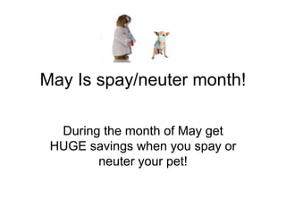 May Is spay/neuter month!
During the month of May get
HUGE savings when you spay or
neuter your pet!
 