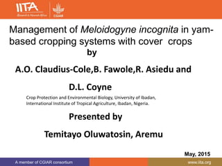 A member of CGIAR consortium www.iita.org
Management of Meloidogyne incognita in yam-
based cropping systems with cover crops
by
A.O. Claudius-Cole,B. Fawole,R. Asiedu and
D.L. Coyne
Crop Protection and Environmental Biology, University of Ibadan,
International Institute of Tropical Agriculture, Ibadan, Nigeria.
Presented by
Temitayo Oluwatosin, Aremu
May, 2015
 