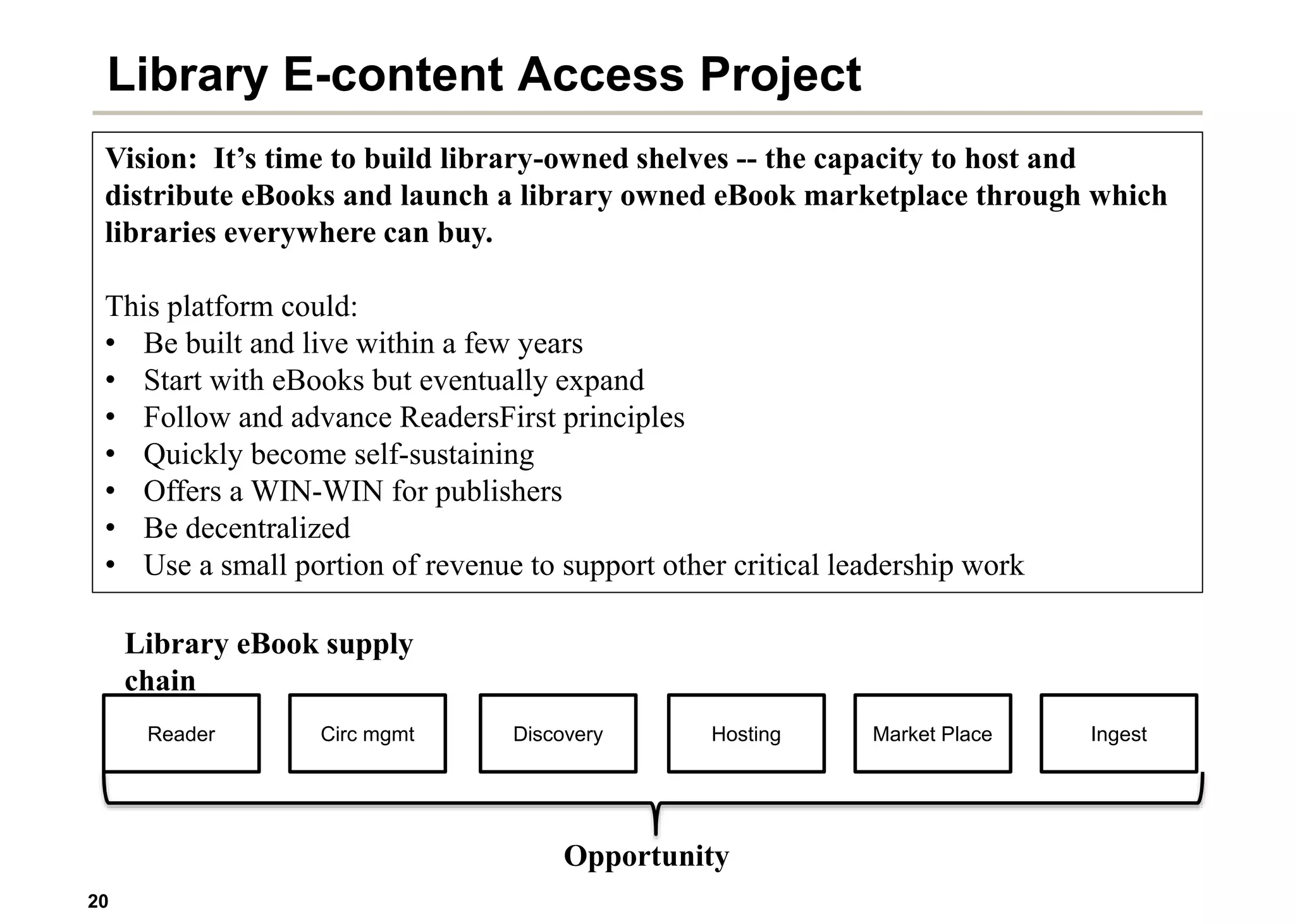 20
Library E-content Access Project
Vision: It’s time to build library-owned shelves -- the capacity to host and
distribute eBooks and launch a library owned eBook marketplace through which
libraries everywhere can buy.
This platform could:
• Be built and live within a few years
• Start with eBooks but eventually expand
• Follow and advance ReadersFirst principles
• Quickly become self-sustaining
• Offers a WIN-WIN for publishers
• Be decentralized
• Use a small portion of revenue to support other critical leadership work
Reader Circ mgmt Discovery Hosting Market Place Ingest
Opportunity
Library eBook supply
chain
 