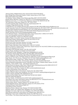 31
Atkinson Gallery, Millfield School, Street, Somerset BA16 0YD 01458 444322
Barn, Obridge House Priorswood, Taunton. Contact: Jeremy Harvey. 01823 276421
Bath Central Library 01225 394041
The Blakehay Theatre, Wadham Street, Weston-super-Mare, BS23 1JZ 01934 645493
Brendon Books, Bath Place, Taunton TA1 4ER 01823 337742 brendonbooks@gmail.com
Bridgwater Arts Centre, 11-13 Castle Street, Bridgwater, Somerset TA6 3DD 01278 422 700
The Castle Hotel, Castle Green, Taunton TA1 1NF 01823 272671
Caryford Community Hall, Ansford, Castle Cary, South Somerset BA7 7JJ
Cossington Village Hall Rrivetts Way , TA7 8LH.
Cotleigh Brewery Ltd, Ford Road, Wiveliscombe, Somerset TA4 2RE 01984 624086 info@cotleighbrewery.com
Creative Innovation Centre CIC, Memorial Hall, Paul Street,Taunton TA1 3PF. 01823 337477 info@creativeinnovationcentre.co.uk
The David Hall, Roundwell St South Petherton. TA13 5AA 01460 240340 info@thedavidhall.org
Dillington House, Ilminster, Somerset TA19 9DT 01460 258648 dillington@somerset.gov.uk
Dunster Tithe Barn 01643 821658 info@dunstertithebarn.org.uk
Frome Memorial Theatre - Christchurch Street West, Frome, Somerset BA11 1EBTel: 01373 462795
Fyne Court, Broomfield, Somerset TA5 2EQ 01823 451587
Ginger Fig, Bath Place, Taunton TA1 4ER 01823 326798
Halseway Manor, Crowcombe, Taunton, Somerset TA4 4BD 01984 618274
Hestercombe Gardens, Hestercombe, Taunton TA2 8LG 01823 413 923
Holburne Museum, Bath 01225 388569
Ilminster Arts Centre, East Street, Ilminster TA19 0AN 01460 55783 
Iminster Parish Hall, North Street, Ilminster, TA19 0DG
Merlin Theatre, Bath Road, Frome, Somerset BA11 2HG 01373 465949
Museum of Somerset, Taunton Castle, Castle Green, Taunton Somerset TA1 4AA 01823 255088 www.somerset.gov.uk/museums
Music in the Quantocks 01823 451162
Oake Manor Golf Club,Oake Taunton  TA4 1BA 01823 461992
Octagon Theatre, Hendford, Yeovil BA20 1UX 01935 422884
Parish Church St John, Wellington, 72 High Street Wellington(01823) 662248
The Playhouse Theatre,High Street,Weston super Mare,BS23 1HP 01934 645544
Porlock Village Hall, Toll Road (New Rd), Porlock TA24 8QD 01643 862717
Queen’s Conference Centre, Trull Road, Taunton Ta1 4QS 01823 272559 contact@queenscollege.org.uk
Regal Theatre, 10-16 The Avenue,  Minehead TA24 5AY 01643 706430 mail@regaltheatre.co.uk
Richard Huish College, 2 Kings Close,  Taunton, Somerset TA1 3XP 01823 320800
Silver Street Centre, Silver Street,  Wiveliscombe, Taunton, Somerset TA4 2PA 01984 623107
Somerset Industrial Archaeological Society, Field Officer, Peter Daniel, 29 Barbers Mead, Taunton, TA2 8PY.
Telephone : 01823 339368. E-mail : peter.daniel51@btinternet.com
Somerset Rural Life Museum. Abbey Farm, Chilkwell Street, GlastonburySomerset BA6 8DB 01458 831197
St Catherine’s Church Hall, Park Road, Frome, BA11 1EU
St John’s Church, Park Street, Taunton TA1 4DG secretary@stjohnstaunton.org.uk
St. John’s Church Rooms, Yeovil, BA20 1HE
St Mary Magdalene Church, Church Square, Taunton TA1 1SA 01823 272441
St Mary’s Church, St Mary Street, Bridgwater TA6 3EQ 01278 422437 saintmarybridgwater@gmail.com
St Mary’s Church, Stogumber office.qtb@btinternet.com
St Peter & St Paul Church, Moor Lane, North Curry Ta3 6JZ 01823 490255
Shapwick Village Hall Shapwick
The Swan Theatre, 138 Park Street,Yeovil BA20 1QT swantheatre@gmail.com
Tacchi-Morris Arts Centre, School Road, Taunton TA2 8PD 01823 41 41 41 info@tacchi-morris.com
Taunton Flower Show http://www.tauntonfs.co.uk/
Taunton Library, Paul St, Taunton, Somerset TA1 3XZ 0845 345 9177
Temple Methodist Church, Upper High Street, Taunton TA1 3PY (01823) 275765
Tyntesfield Wraxall, North Somerset, BS48 1NT
United Reform Church, Somerton
Warehouse Theatre,  Brewery Lane, Ilminster, TA19 9AD Tel 01460 57049
Wellesley Theatre, 50-52 Mantle Street, Wellington TA21 8AU 01823 666668
Wellington Arts Centre, Eight Acre Lane, Wellington, TA21 8PS 01458 250655
Wells Museum (admission by side entrance) off Cathedral Green, Wells BA5 2UE
Wellsprings Leisure Centre, Cheddon Road, Taunton TA2 7QP 01823 271271
Yeovil Library, The Library, King George Street, Yeovil Somerset BA20 1PY Tel 01823 336370
Contacts List
 