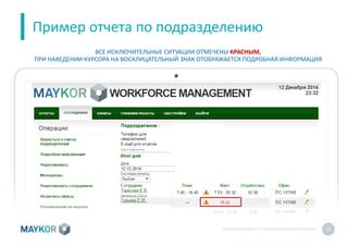 БИОМЕТРИЧЕСКИЙУЧЕТ И КОНТРОЛЬ РАБОТЫ ПЕРСОНАЛА 10
Пример отчета по подразделению
ВСЕ ИСКЛЮЧИТЕЛЬНЫЕ СИТУАЦИИ ОТМЕЧЕНЫ КРАСНЫМ,
ПРИ НАВЕДЕНИИ КУРСОРА НА ВОСКЛИЦАТЕЛЬНЫЙ ЗНАК ОТОБРАЖАЕТСЯ ПОДРОБНАЯ ИНФОРМАЦИЯ
 