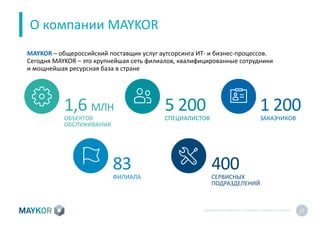 БИОМЕТРИЧЕСКИЙУЧЕТ И КОНТРОЛЬ РАБОТЫ ПЕРСОНАЛА 17
О компании MAYKOR
1,6 МЛН
ОБЪЕКТОВ
ОБСЛУЖИВАНИЯ
5 200
СПЕЦИАЛИСТОВ
1 200
ЗАКАЗЧИКОВ
83
ФИЛИАЛА
400
СЕРВИСНЫХ
ПОДРАЗДЕЛЕНИЙ
MAYKOR – общероссийский поставщик услуг аутсорсинга ИТ- и бизнес-процессов.
Сегодня MAYKOR – это крупнейшая сеть филиалов, квалифицированные сотрудники
и мощнейшая ресурсная база в стране
 
