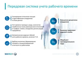 БИОМЕТРИЧЕСКИЙУЧЕТ И КОНТРОЛЬ РАБОТЫ ПЕРСОНАЛА 8
Передовая система учета рабочего времени
Повышение дисциплины
сотрудников
Снижение трудозатрат
кадровой службы
Общий рост
производительности
труда
15%
40%
35%
Сканирование отпечатков пальцев
и идентификация сотрудников
по базе данных
Учет времени прихода и ухода, количества
отработанных часов, фиксация всех отклонений
от графика: неявок, опозданий, ранних уходов,
переработок
Автоматическое ведение табелей
учета рабочего времени, включая T-13
Удобная аналитика, формирование
типовой и специализированной
отчетности по работникам
 