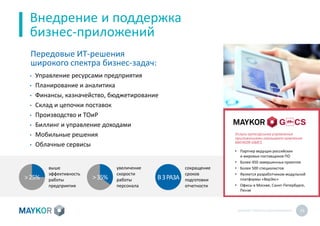 MAYKOR: ПРЕЗЕНТАЦИЯКОМПАНИИ 15
Внедрение и поддержка
бизнес-приложений
• Управление ресурсами предприятия
• Планирование и аналитика
• Финансы, казначейство, бюджетирование
• Склад и цепочки поставок
• Производство и ТОиР
• Биллинг и управление доходами
• Мобильные решения
• Облачные сервисы
Передовые ИТ-решения
широкого спектра бизнес-задач:
Услуги аутсорсинга управления
приложениями оказывает компания
MAYKOR-GMCS
• Партнер ведущих российских
и мировых поставщиков ПО
• Более 450 завершенных проектов
• Более 500 специалистов
• Является разработчиком модульной
платформы «ВерЭкс»
• Офисы в Москве, Санкт-Петербурге,
Пензе
>25%
выше
эффективность
работы
предприятия
В3РАЗА
сокращение
сроков
подготовки
отчетности
>35%
увеличение
скорости
работы
персонала
 
