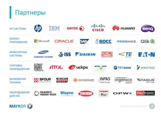 MAYKOR: ПРЕЗЕНТАЦИЯКОМПАНИИ 28
Партнеры
ИТ-СИСТЕМЫ
БИЗНЕС-
ПРИЛОЖЕНИЯ
ИНЖЕНЕРНЫЕ
СИСТЕМЫ
ТОРГОВОЕ
ОБОРУДОВАНИЕ
БАНКОВСКАЯ
ТЕХНИКА
ОБОРУДОВАНИЕ
ДЛЯ АЗС
 
