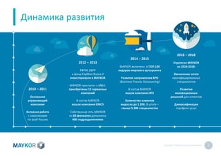MAYKOR: ПРЕЗЕНТАЦИЯКОМПАНИИ 7
Динамика развития
2010 – 2011
Основание
управляющей
компании
Активная работа
с заказчиками
по всей России
2012 – 2013
РФПИ, ЕБРР
и фонд CapMan Russia II
инвестировали в MAYKOR
MAYKOR приступил к M&A:
приобретены 10 сервисных
компаний
В состав MAYKOR
вошла компания GMCS
Собственная сеть MAYKOR
из 83 филиалов дополнена
400 подразделениями
2014 – 2015
MAYKOR включена в ТОП-100
лидеров мирового аутсорсинга
Развитие направления BPO
(Business Process Outsourcing)
В состав MAYKOR
вошла компания BTE
Количество клиентов
выросло до 1 200. В штате –
свыше 5 200 специалистов
2016 – 2018
Стратегия MAYKOR
на 2016-2018:
Увеличение штата
квалифицированных
специалистов
Развитие
инновационных
решений для клиентов
Диверсификация
портфеля услуг
 