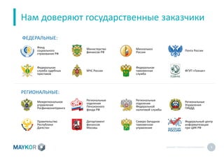 MAYKOR: ПРЕЗЕНТАЦИЯКОМПАНИИ 9
ФЕДЕРАЛЬНЫЕ:
РЕГИОНАЛЬНЫЕ:
Нам доверяют государственные заказчики
Межрегиональное
управление
Росфинмониторинга
Правительство
Республики
Дагестан
Региональные
отделения
Пенсионного
фонда РФ
Департамент
финансов
Москвы
Региональные
отделения
Федеральной
налоговой службы
Северо-Западное
таможенное
управление
Региональные
Управления
ГИБДД
Федеральный центр
информатизации
при ЦИК РФ
Фонд
социального
страхования РФ
Федеральная
служба судебных
приставов
Министерство
финансов РФ
МЧС России
Минсельхоз
России
Федеральная
таможенная
служба
Почта России
ФГУП «Гознак»
 