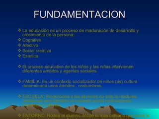 FUNDAMENTACION La educación es un proceso de maduración de desarrollo y crecimiento de la persona: Cognitiva Afectiva Social creativa Estetica El proceso educativo de los niños y las niñas intervienen diferentes ambitos y agentes sociales. FAMILIA: Es un contexto socializador de niños (as) cultura determinada unos ámbitos , costumbres. ESCUELA: Proporciona a los alumnos no solo la madures intelectual sino también el contexto social motivaciones, intereses y valores. ENTORNO: Rodea al alumno desde lo mas cercano que seria la calle, quesería los medios de comunicación social que es lcasi lo mismo que la televisión. 