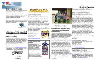 __________________________________________________________________________________________________________________                                                                  Disciple Express
FOR PASTORAL CARE                                                                                                                                                 Greetings from the Dir. of Recovery,
When you or a family member is hospitalized or face                                                                                                               (A follow up to an earlier article)
a crisis which pastoral care is needed, please
communicate that need directly to Rev. Textor                                                                                                                     SOLD! I am excited to report that Block by
weekday mornings at the church (482-5530) or direct                                                                                                               Block sold the first home we purchased and
your call to her home phone (482-5539). If she is not   DAVE NOLTE TO RETIRE                                                                                      rebuilt; and as of this week, our 2nd! Our goal of
available to her home phone, please leave your                                                                                                                    revitalizing neighborhoods continues to move
                                                    Pastor David Nolte (Emerson, Charles City, Traer,                                                             forward. Rev. Beth Straw, St. James UMC, shared
message on her answering machine.
                                                    Humbolt, Lisbon, Oakland, Reinbeck, Packwood,                                                                 with me yesterday that folks are sharing with her that
                                                    Wesley Foundation, Retired Army                                                                               on one side of the church houses are being torn down
If you need the prayer chain started on the weekend Chaplin (1999) etc) is going to retire from the Iowa                                                          and it's sad to watch; but if you look on the other side
or on Monday when the office is closed, please call Annual Conference in June 2010, we are having a                                                               of the church, Block by Block is bringing back the
Rev. Textor at 482-5539.                            surprise card shower for him due to time                                                                      neighborhood and they are happy to see the progress!
                                                    constraints! He, his wife, daughter, and granddaughter
                                                                                                                                                                  WAREHOUSE! Last week Block by Block has
                                                    plan to relocate to New Mexico in June. We are also
                                                                                                                                                                  negotiated a lease for warehouse and office space. If
                                                    going to create a scrapbook for him, so please send              Palm Sunday helpers.                         you come to volunteer supplies will be available at the
                                                    any cards, photos, memories to the following address
                                                                                                                                                                  warehouse, which is centrally located in the flood
                                                    by June 1st 2010- we are going to present these to him   United Methodist and Other News                      zone. Which means less trips to get supplies - YEA!
                                                    at Annual Conference. These
                                                    can be sent to his daughter                              Midwest Mission Center now UMCOR                     SPRING! As the warm weather comes, so do the
                                                                                                             Cooperating Depot                                    volunteers! Over the next six months we will have
                                                        Christen Nolte                                                                                            hundreds of volunteers. We are no longer taking teams
                                                        917 Harlocke Street apt 8                            The Midwest Mission Distribution Center at           for June and July, but have a need for August-
                                                                                                             Chatham, Ill., south suburb of Springfield , and the October. Call 1-877-393-1607 to get signed
                                                        Iowa City IA 52246                                   United Methodist Committee on Relief have signed up. Come and see the awesome progress we've made
OFFICE HOURS                                            319-512-0667                                         a memorandum of understanding as of February.        in Cedar Rapids.
Our secretary, Sheryl Sindt, is in the church office                                                         MMDC is now a Cooperating Depot in the
                                                     shrimpy.mcbeth@gmail.com                                UMCOR relief supply network. This means that         Becky Wood
from 9:00 a.m. to noon Tuesday through Friday. Rev.
Textor will be in her study from 10:00 a.m. to noon                                                          MMDC is an official drop-off site for UMCOR kits Director of Recovery - Storms 2008
Tuesday through Friday. Rev. Textor can also be       FROM THE CHURCH                                        and works closely with UMCOR and other               Iowa Annual Conf. of the United Methodist Church
                                                                                                             cooperating depots to provide relief supplies to
reached on her home phone (482-5539).                 OFFICE                                                                                                      2200 Heritage Green Dr.
The church building and office are closed on                                                                 devastated areas nationally and worldwide. All       Hiawatha, IA 52233
                                                      Updating church records is a                           shipments of "UMCOR" kits are made only with         (319) 393-1607 (office)
Mondays.                                              continuous job that can t be done
Office phone 712-482-5530                                                                                    the approval of UMCOR. MMDC will continue to (515) 238-5346 (cell)
                                                      without your help. We have a                           make kits and projects specific to the Center such
Church e-mail address oaklandumc@frontiernet.net      large number of young adult                                                                                 email: becky.wood@iaumc.org
Church address 200 N. Main, Oakland, IA 51560.                                                               as Haiti School Bags, Children's Hospital Gowns,
                                                      members that are still listed as
                                                                                                             "Cover Them with Love" quilts, Haiti School
Church web page www.oaklandiaumc.org                  children in the family household.
                                                         If you have a young adult out of
                                                                                                             Desks and Medicine Cabinets as well as the            GREETERS NEEDED                       :
                                                                                                             UMCOR kits. The Center will continue to take
                                                         your household, please contact the                                                                        The theme for the 2010 Iowa Annual Conference
                                                                                                             bikes and sewing machines for this part of the
                                                         church office with their current                                                                          is "Radical Hospitality...Offering God's Love." We
                                                                                                             ministry. For more information, contact Pat Wright,
                                                         address. As full members they are                                                                         are looking for greeters to help share that hospitality
                                                         entitled to receive the newsletter
                                                                                                             executive director, Midwest Mission Distribution
                                                                                                                                                                   and love. If you are interested, please contact Mary
                                                                                                             Center, 1022 New City Road - PO Box 56,
                       is May 20                         and any other pertinent information.
                                                                                                             Chatham, IL 62629, phone 217-483-7911 or visit
                                                                                                                                                                   Smith at 515-491-4655 or 515-965-8720, or you may
                                                                                                                                                                   e-mail her at lomasmith@hotmail.com.
                                                                                                             their website.
                       9:00 A.M.
 