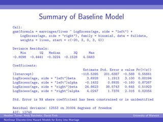 Summary of Baseline Model
       Call:
       gnm(formula = marriages/lives ~ LogExcess(age, side = "left") +
           L...