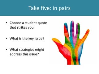 The best approach from the student’s perspective is to focus
on concepts. I’m sorry to break it to you, but your students are
not going to remember 90 per cent – possibly 99 per cent – of
what you teach them unless it’s conceptual…. when broad,
over-arching connections are made, education occurs. Most
details are only a necessary means to that end.
http://www.timeshighereducation.co.uk/features/a-students-
lecture-to-rofessors/2013238.fullarticle#.U3orx_f9xWc.twitter
A Student’s lecture to her professor
 