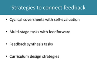 What students say…
The feedback is generally focused on the module.
It’s difficult because your assignments are so detached
from the next one you do for that subject. They don’t
relate to each other.
Because it’s at the end of the module, it doesn’t feed
into our future work.
I read it and think “Well, that’s fine but I’ve already
handed it in now and got the mark. It’s too late”.
 