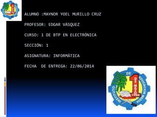 ALUMNO :MAYNOR YOEL MURILLO CRUZ
PROFESOR: EDGAR VÁSQUEZ
CURSO: 1 DE BTP EN ELECTRÓNICA
SECCIÓN: 1
ASIGNATURA: INFORMÁTICA
FECHA DE ENTREGA: 22/06/2014
 