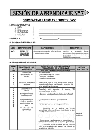 “COMPARAMOS FORMAS GEOMÉTRICAS”
I. DATOS INFORMATIVOS
1.1. UGEL : ______________________________________________
1.2 I.E.I. : ______________________________________________
1.3 DIRECTOR(A) : ______________________________________________
1.4 PROFESORA : _______________ _______________________________
1.5 SECCION : ______________________________________________
II. DURACION : DEL ________________ Al: ________________
III. INFORMACIÓN CURRICULAR:
ÁREA COMPETENCIAS CAPACIDADES DESEMPEÑOS
MAT. ESTABLECE
RELACIONES
ESPACIALES
Comunica su comprensión sobre las formas
y relaciones geométricas.
Identifica y representa formas
geométricas relacionándolas con objetos
de su entorno a
través de actividades lúdicas.
IV. DESARROLLO DE LA SESIÓN:
MOME
N
TOS
PROCESO DE LOS
MOMENTOS
DESARROLLO DE LOS PROCESOS
PEDAGÓGICOS DE APRENDIZAJE
MEDIOS Y
MATERIALES
(ESTRATEGIAS METODOLÓGICAS)
I
N
I
C
I
O
Actividades
permanentes de
entrada
- Nos saludamos.
- Oramos a Dios y a la Virgen.
- Cantamos canciones.
- Actualizamos carteles.
Utilización libre de los
sectores
- Salimos al patio y nos desplazamos por el
espacio delimitado caminando, trotando de
lento a rápido y viceversa.
D
E
S
A
R
R
O
L
L
O
Despertando el
interés
- Escuchan con atención el cuento “El
cumpleaños del círculo”
Recuperación de
saberes previos
- ¿Conocen ustedes a los invitados de la fiesta?
Planteamiento del
conflicto cognitivo
- ¿Cuáles son las formas geométricas?
Presentación del
tema
- Hoy compararemos formas geométricas.
Construcción del
aprendizaje
- Colocamos en la pizarra las formas
geométricas y las nombramos recordando lo que
sucedió en el cumpleaños.
Preguntamos: ¿las figuras que ha pegado tienen
volumen? Comparamos con los cuerpos geométricos
- Explicamos que el cuadrado es una cara del
cubo, el círculo se parece a la esfera y el triángulo es
un lado de la pirámide.
Objetos
diversos
 