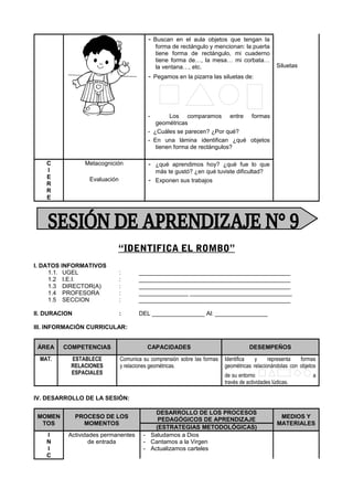 - Buscan en el aula objetos que tengan la
forma de rectángulo y mencionan: la puerta
tiene forma de rectángulo, mi cuaderno
tiene forma de…, la mesa… mi corbata…
la ventana…, etc.
- Pegamos en la pizarra las siluetas de:
- Los comparamos entre formas
geométricas
- ¿Cuáles se parecen? ¿Por qué?
- En una lámina identifican ¿qué objetos
tienen forma de rectángulos?
Siluetas
C
I
E
R
R
E
Metacognición - ¿qué aprendimos hoy? ¿qué fue lo que
más te gustó? ¿en qué tuviste dificultad?
Evaluación - Exponen sus trabajos
“IDENTIFICA EL ROMBO”
I. DATOS INFORMATIVOS
1.1. UGEL : ______________________________________________
1.2 I.E.I. : ______________________________________________
1.3 DIRECTOR(A) : ______________________________________________
1.4 PROFESORA : _______________ _______________________________
1.5 SECCION : ______________________________________________
II. DURACION : DEL ________________ Al: ________________
III. INFORMACIÓN CURRICULAR:
ÁREA COMPETENCIAS CAPACIDADES DESEMPEÑOS
MAT. ESTABLECE
RELACIONES
ESPACIALES
Comunica su comprensión sobre las formas
y relaciones geométricas.
Identifica y representa formas
geométricas relacionándolas con objetos
de su entorno a
través de actividades lúdicas.
IV. DESARROLLO DE LA SESIÓN:
MOMEN
TOS
PROCESO DE LOS
MOMENTOS
DESARROLLO DE LOS PROCESOS
PEDAGÓGICOS DE APRENDIZAJE
MEDIOS Y
MATERIALES
(ESTRATEGIAS METODOLÓGICAS)
I
N
I
C
Actividades permanentes
de entrada
- Saludamos a Dios
- Cantamos a la Virgen
- Actualizamos carteles
 