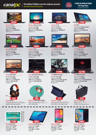 canalpcinformática
Portátiles/Tablets con los mejores precios
Revisión diaria de precios
5 AÑOS DE MANO DE OBRA
45€ Pago Único
Consulta condiciones
Lenovo V130
Pantalla 14”FHD
Intel Core i3 6006U
8GB RAM/ HD 256GB SSD
Windows 10
Krom Kendo
Auriculares de 40mm con micrófono
abatible. Diadema ajustable
Acer EX2540-56BF
Pantalla 15.6”HD
Intel Core i3 6006U
8GB RAM/ HD 256GB SSD
Windows 10
Medion Akoya S3409
Pantalla 13.3”FHD
Intel Core i5 7200U
8GB RAM/ HD 256GB SSD
Windows 10
Lenovo V130
Pantalla 15.6”FHD
Intel Core i3 7020U
8GB RAM/ HD 256GB SSD
nVidia GF MX110 2GB
Windows 10
Asus GFX505GD-BQ103
Pantalla 15.6” FHD
Intel Core i7 8750H
8GB RAM/ HD 256 SSD
nVidia GF GTX1050 4GB
Free
Silver HT PIXIE PACK BUBB
Smile Pixie Mouse Pack - ratón - 2.4
GHz + alfombrilla
Lenovo V130
Pantalla 14”FHD
Intel Core i5 7200U
8GB RAM/ HD 256GB SSD
Windows 10
Acer EX2540-56BF
Pantalla 15.6”HD
Intel Core i5 7200U
8GB RAM/ HD 256GB SSD
Windows 10
HP X360
Pantalla 14” FHD táctil 360º
Intel Core i5 8250U
8GB RAM/ HD 256GB SSD
Windows 10
HP 15-da0110ns
Pantalla 15.6”HD
Intel Core i5 8250U
8GB RAM/ HD 256GB SSD
nVidia GF MX110 2GB
Windows 10
Pantalla 15.6”HD
Intel Core i7 8550U
8GB RAM/ HD 256GB SSD
nVidia GF MX130 2GB
Windows 10
HP 15-da0109ns HP OMEN Gaming
Pantalla 17.3”FHD
Intel Core i7 8750HQ
16GB RAM/ HD 1TB+256GB SSD
nVidia GF GTX1050 4GB
Windows 10
Tech Air TAN1204
Maletín para 13 - 14.1”
moderna con toques clásicos
Samsung Tab A
Tablet 10.1” FullHD
Octa Core 1.6GHz
RAM 2GB/ HD 32GB
Android
Samsung Tab A2
Tablet 10.5” FullHD
Octa Core 1.8GHz
RAM 3GB/ HD 32GB
Android
189€
HP OMEN Gaming
Pantalla 15.6” FHD
Intel Core i7 8750H
16GB RAM/ HD 1TB+256 SSD
nVidia GF GTX1050 4GB
Windows 10
Silver HT Funda
Funda para Samsung Galaxy Tab A
Color Azul Oscuro, negro y rojo
229€ 269€139€
Huawei MediaPad T5
Tablet 10.1” FullHD
Octa Core 1.7GHz
RAM 3GB/ HD 32GB
Android
SPC Gravity Pro
Tablet 10.1” HD IPS
Quad Core 1.3GHz
RAM 3GB/ HD 32GB
Android
Medion Akoya S3409
Krom Kendo
459€ 509€ 559€ 759€
459€ 499€ 569€
899€
10€
1279€
23€
619€
1199€
17€
719€
24€
 