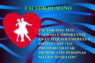 FACTOR HUMANO FACTOR MÁS  MÁS VALIOSO E IMPORTANTE EN CUALQUIER EMPRESA O INSTITUCIÓN “YO PREFIERO TRATAR SIEMPRE CON PERSONAS NO CON APARATOS” 