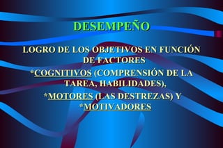 DESEMPEÑO LOGRO DE LOS OBJETIVOS EN FUNCIÓN DE FACTORES  * COGNITIVOS  (COMPRENSIÓN DE LA TAREA, HABILIDADES), * MOTORES  (LAS DESTREZAS) Y * MOTIVADORES 