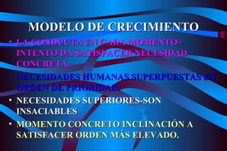 MODELO DE CRECIMIENTO LA CONDUCTA EN CADA MOMENTO= INTENTO DA SATISFACER NECESIDAD CONCRETA. NECESIDADES HUMANAS SUPERPUESTAS EN  ORDEN DE PRIORIDAD. NECESIDADES SUPERIORES-SON INSACIABLES MOMENTO CONCRETO INCLINACIÓN A SATISFACER ORDEN MÁS ELEVADO. 