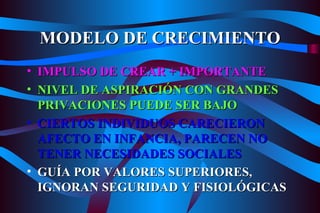 MODELO DE CRECIMIENTO IMPULSO DE CREAR + IMPORTANTE NIVEL DE ASPIRACIÓN CON GRANDES PRIVACIONES PUEDE SER BAJO CIERTOS INDIVIDUOS CARECIERON AFECTO EN INFANCIA, PARECEN NO TENER NECESIDADES SOCIALES GUÍA POR VALORES SUPERIORES, IGNORAN SEGURIDAD Y FISIOLÓGICAS 
