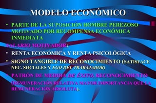 MODELO ECONÓMICO PARTE DE LA SUPOSICIÓN HOMBRE PEREZOSO MOTIVADO POR RECOMPENSA ECONÓMICA INMEDIATA SALARIO MOTIVADOR : RENTA ECONÓMICA Y RENTA PSICOLÓGICA SIGNO TANGIBLE DE RECONOCIMIENTO  ( SATISFACE NEC. SOCIALES Y  EGO DEL TRABAJADOR) PATRÓN DE MEDIDA  DE ÉXITO,  RECONOCIMIENTO  ( REMUNERACIÓN RELATIVA MAYOR IMPORTANCIA QUE LA REMUNERACIÓN ABSOLUTA ). 