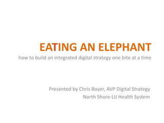 EATING AN ELEPHANT
how to build an integrated digital strategy one bite at a time
Presented by Chris Boyer, AVP Digital Strategy
North Shore-LIJ Health System
 