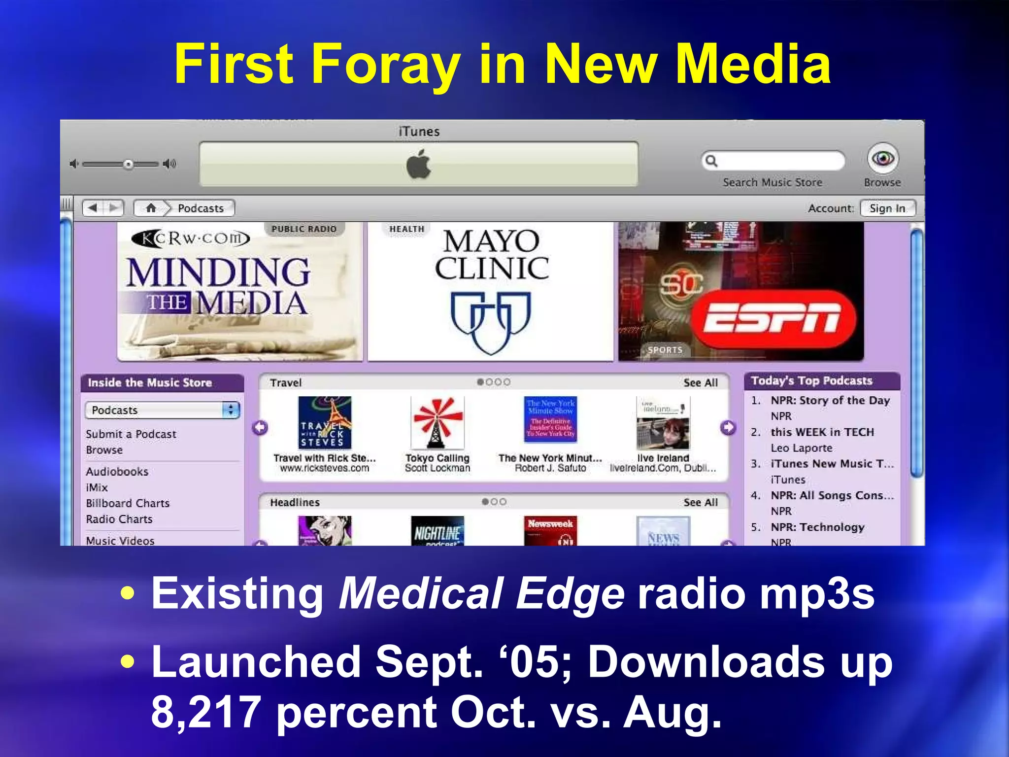 First Foray in New Media Existing  Medical Edge  radio mp3s Launched Sept. ‘05; Downloads up 8,217 percent Oct. vs. Aug. 