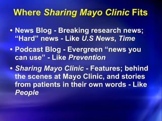 Where  Sharing Mayo Clinic  Fits <ul><li>News Blog - Breaking research news; “Hard” news - Like  U.S News ,  Time </li></u...